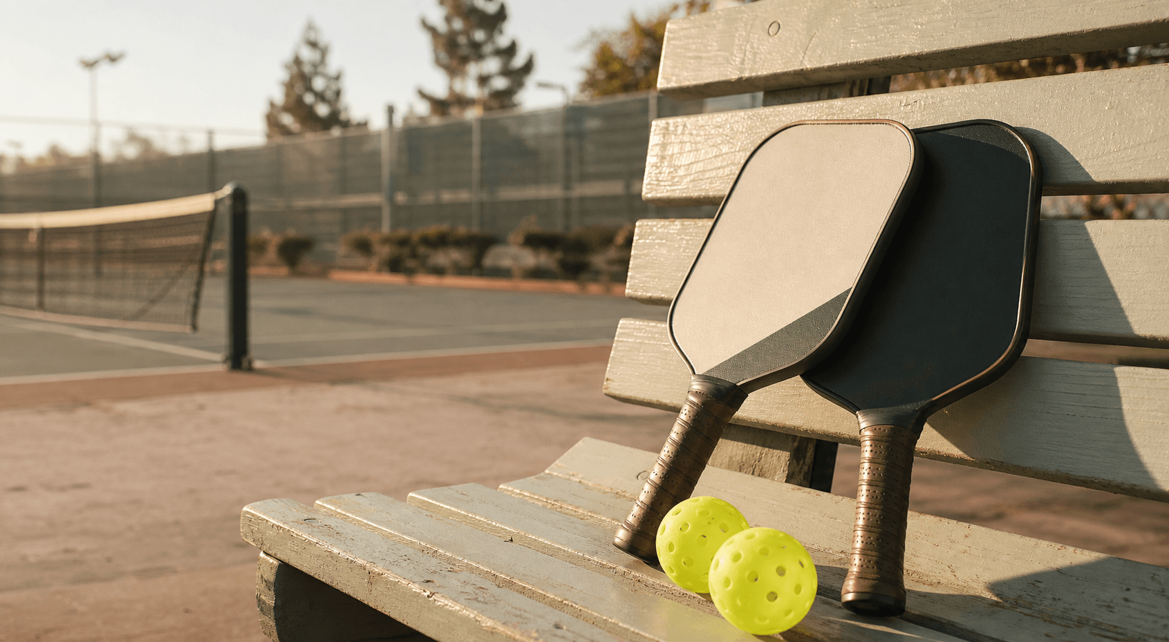 Two unbranded pickleball paddles and lime-yellow balls on a weathered court bench